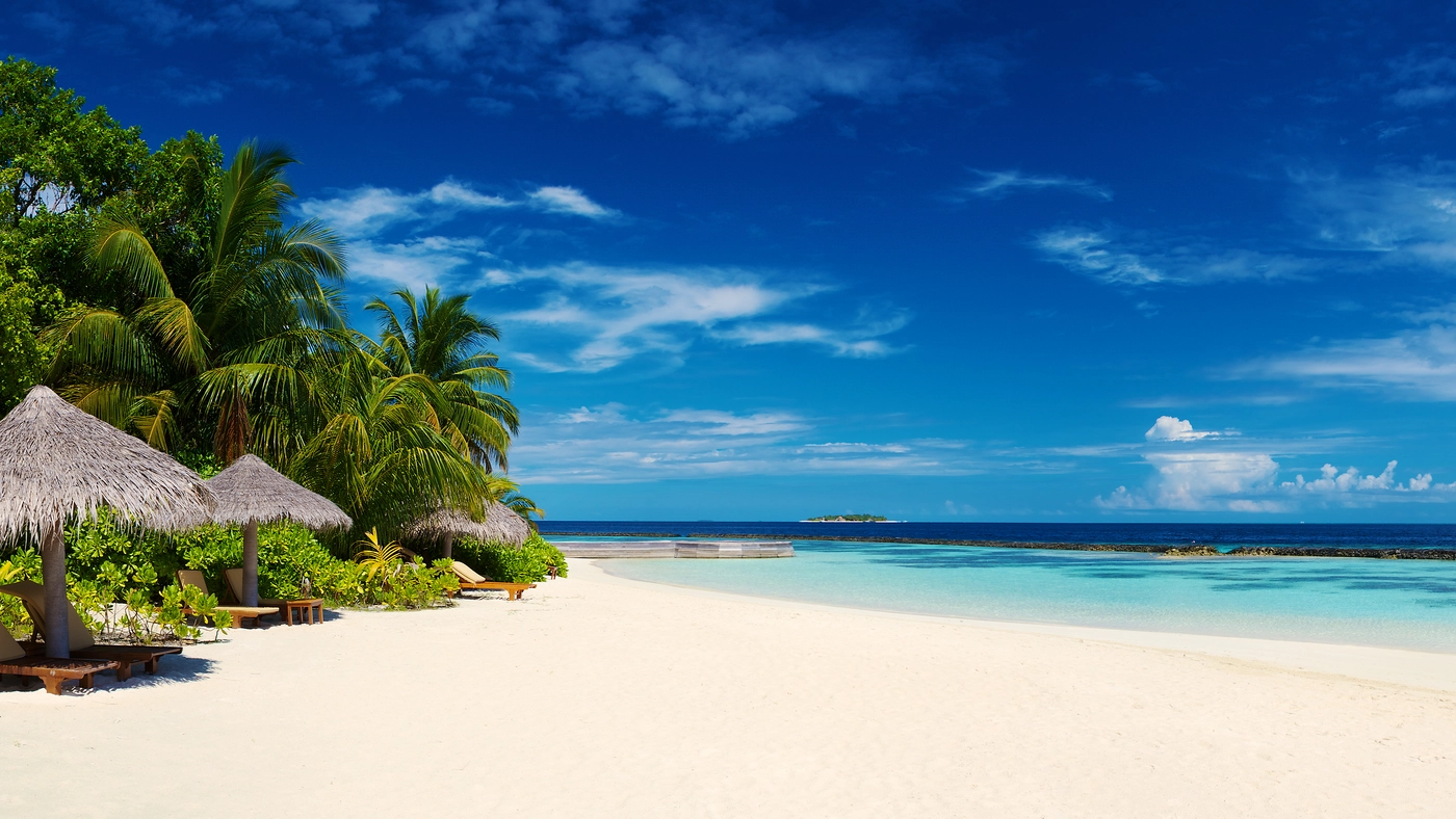 тропики, пальмы, курорт, пляж, белые, песок, лагуна, синие, океан