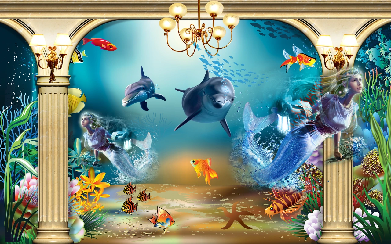 детские, подводный мир, рыбы, синий, желтый, зеленый, водоросли, кораллы, дельфин, русалка, русалки, колонны, голубой, голубые, бежевые, бежевый