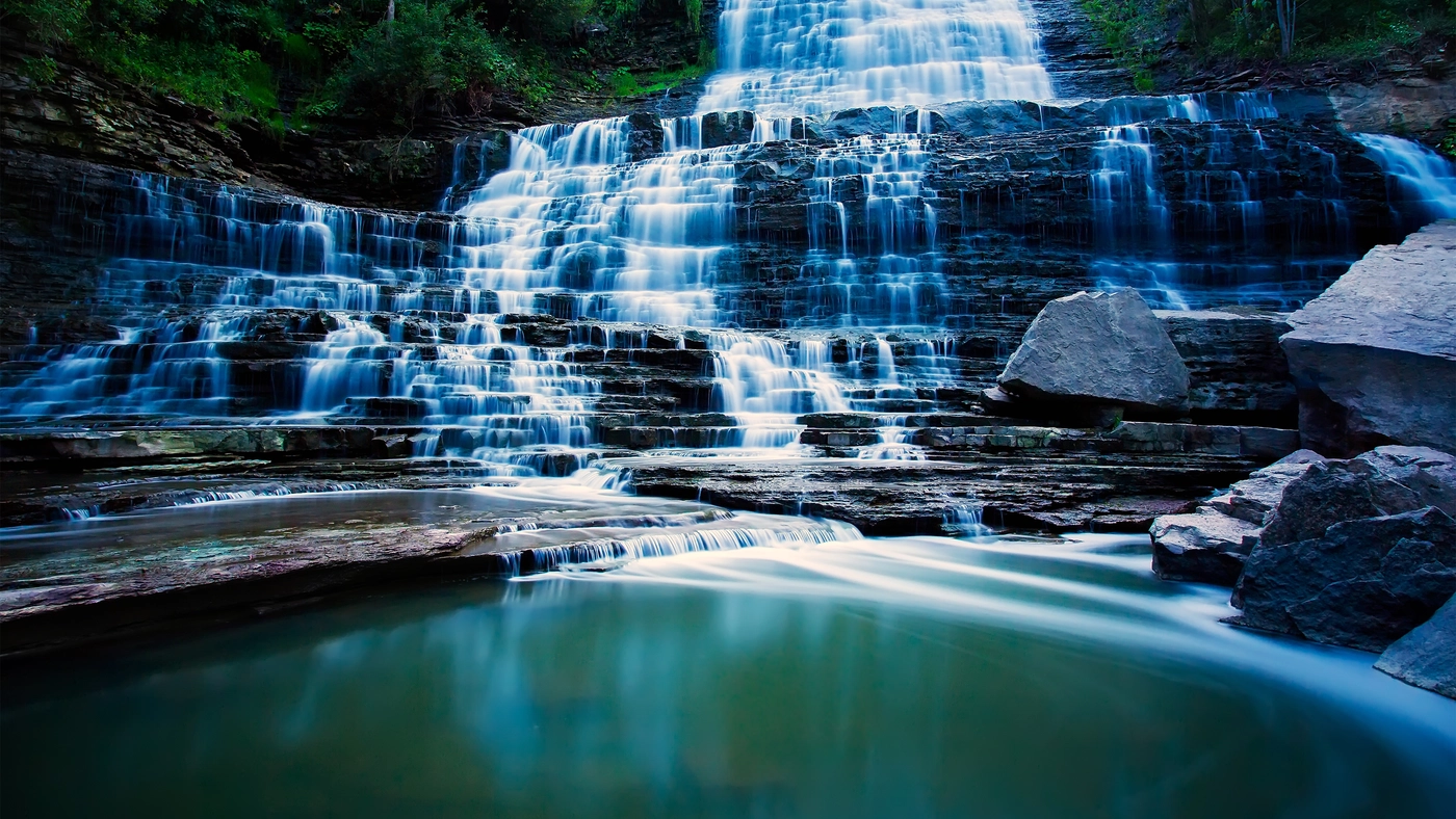 водопад, камни, джунгли, озеро, зеленые, белые, синие