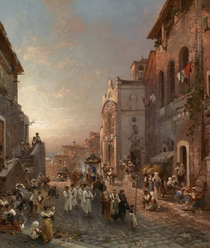 Франц Рихард Унтербергер, процессия, в Неаполе, люди, город, картина, репродукция