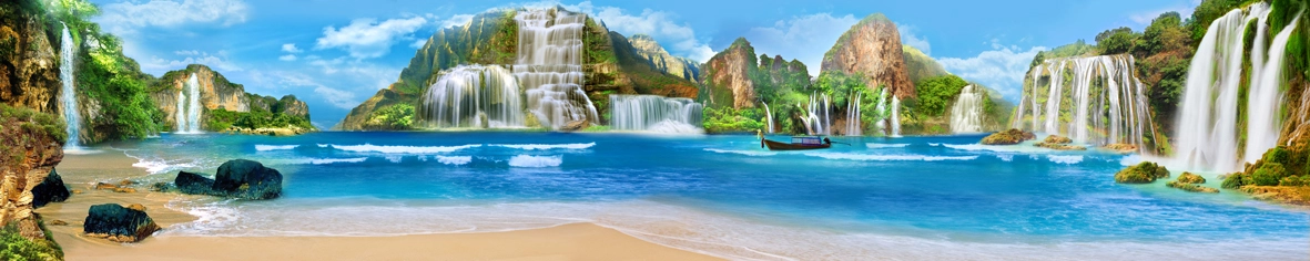 панорама, море, океан, водопад, водопады, голубой, синий, лодка, берег, песок, горы, зеленый, коричневый