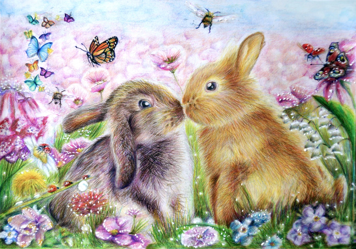 рисунок, кролики, трава, цветы, бабочки, розовые, зелёные, коричневые