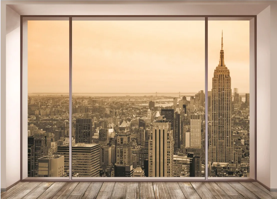 3d, 3д, окно, город, города, Нью-Йорк, мегаполис, вид из окна, сепия