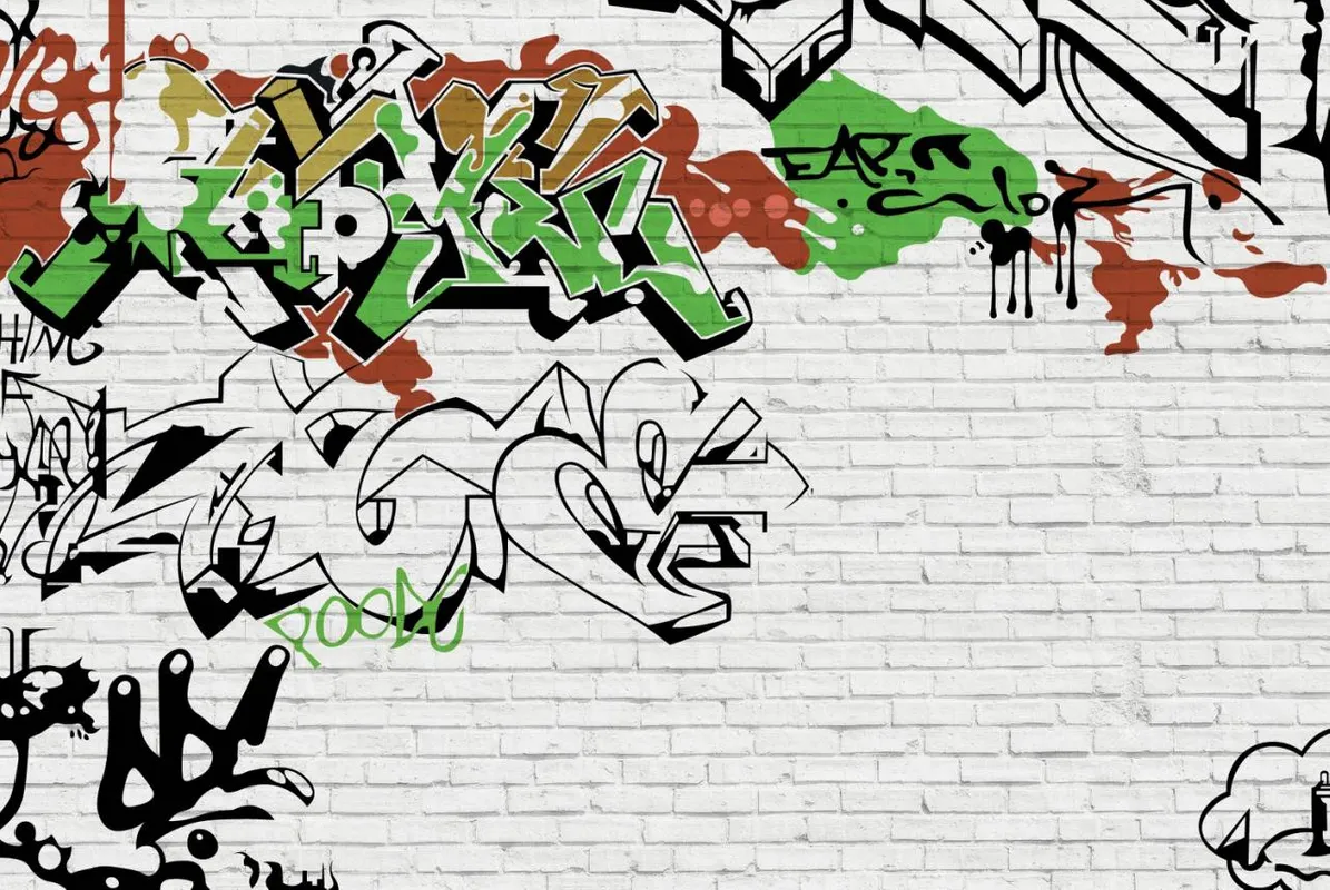 3d, 3д, детские, граффити, стена, кирпичная стена, кирпич, белый, краска, рисунок, настенная надпись, зеленый, коричневый, черный, фотообои