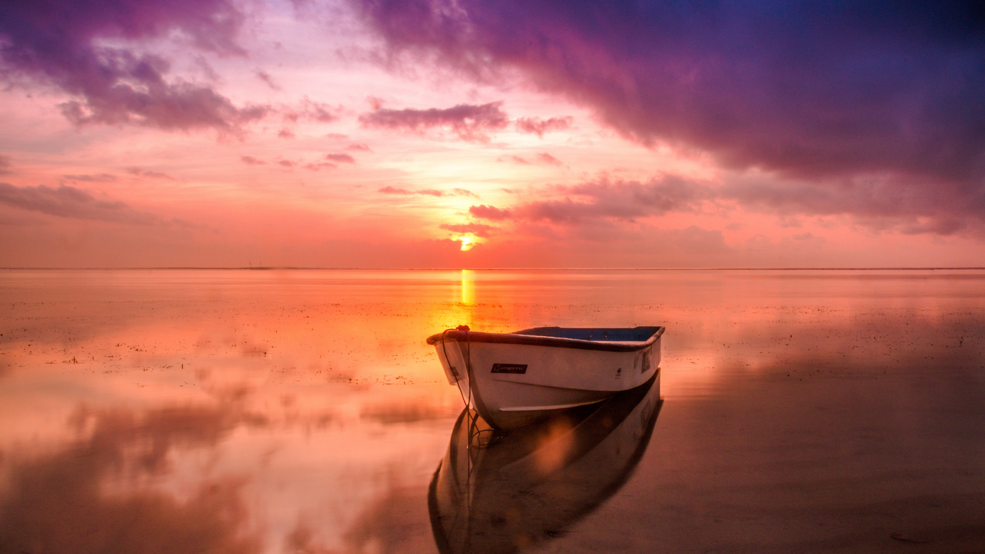 лодка, море, солнце, небо, облака, горизонт, отражение