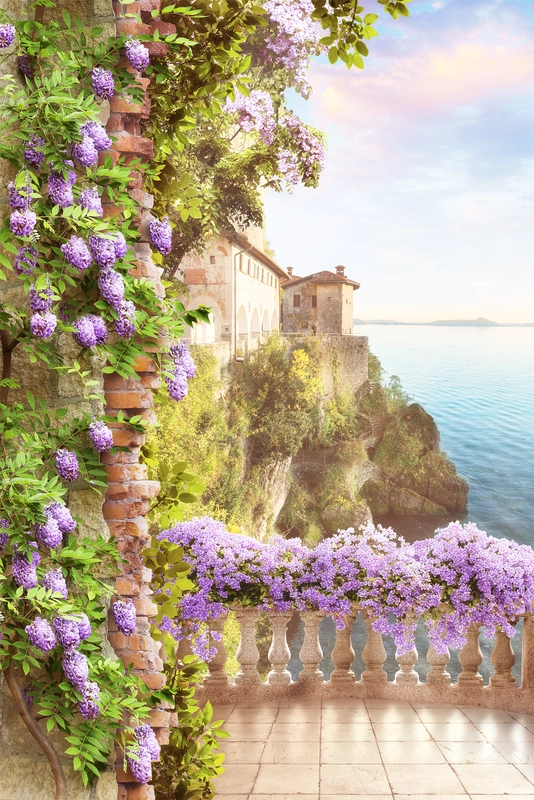 балкон, цветы, сирень, море, замок, берег, голубые, бежевые, фиолетовые