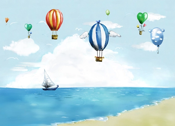 детские, воздушный шар, море, парус, лодка, голубой, небо, облака, берег