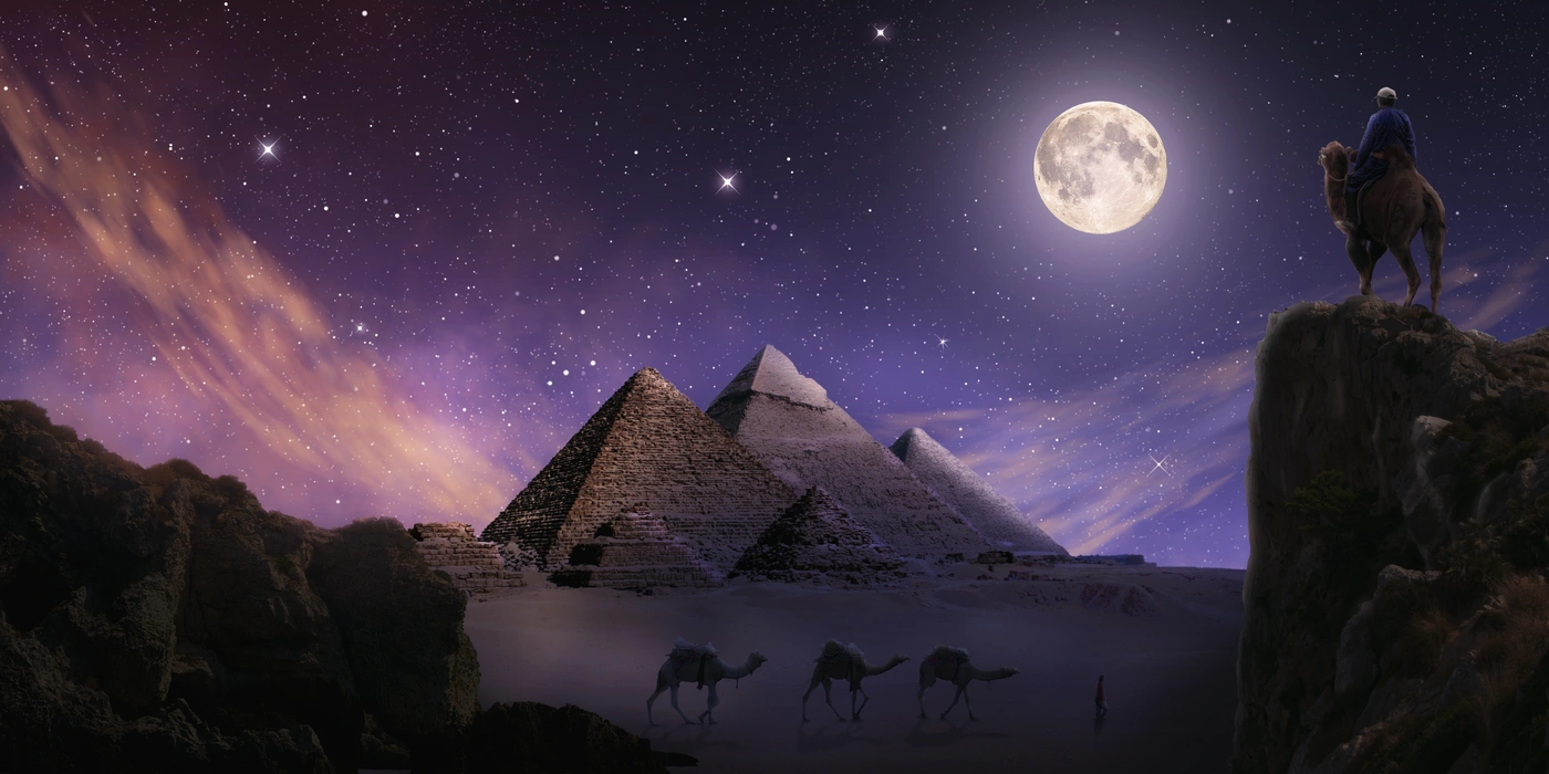 египет, ночь, пирамиды, верблюд, черные, белые, серые