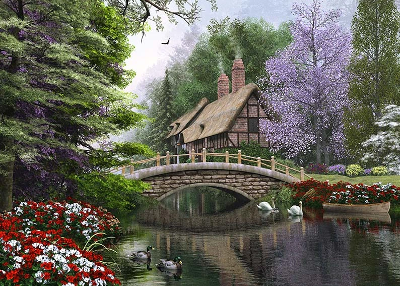 дом, лес, парк, озеро, пруд, вода, мост, мостик, лебедь, утка, утки, лодка, лодки, птицы, цветы, растительность, зеленые, сиреневые, красные