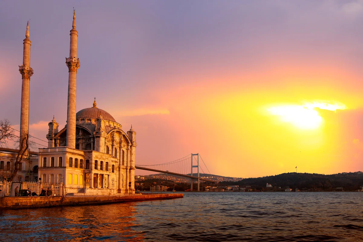 турция, стамбул, небо, река, закат, храм, башни, голубые, жёлтые, серые