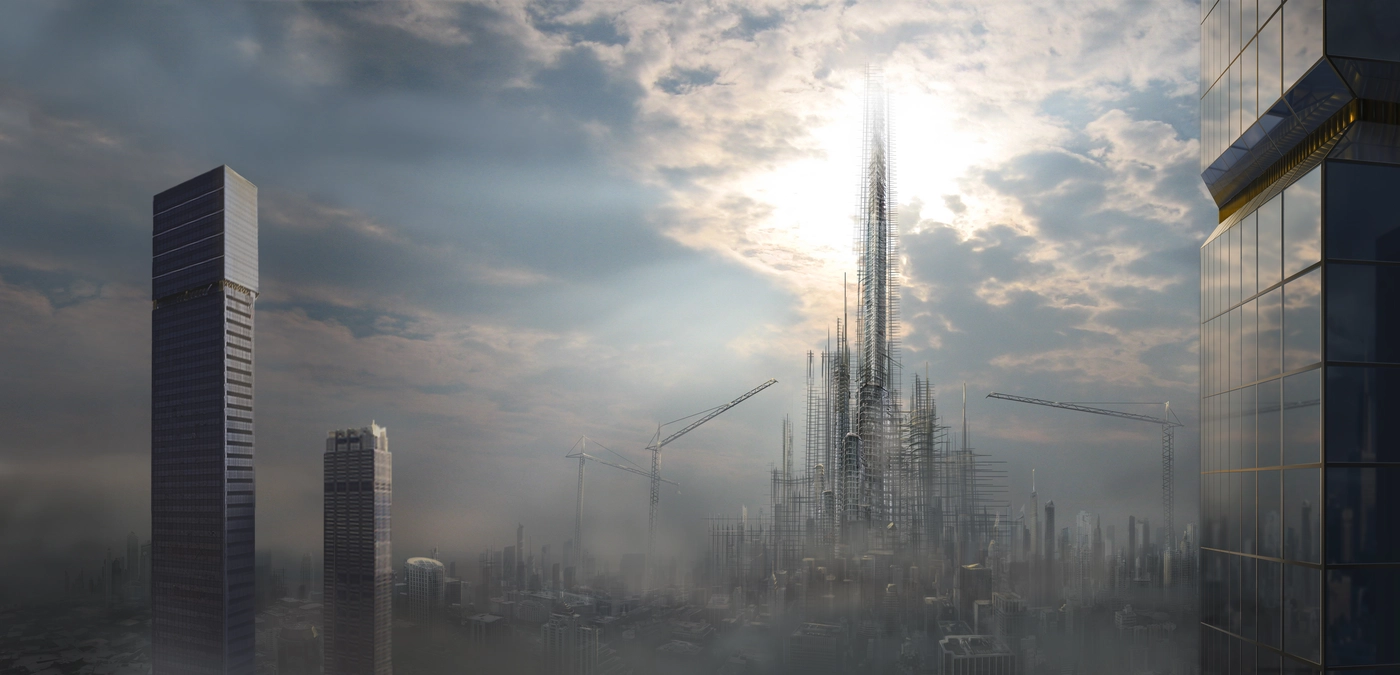 будущее, город, компьютерная графика, здания, небоскребы, серые