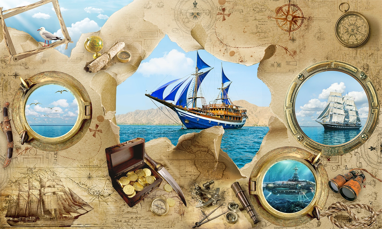 карта, компас, детские, корабль, монеты, клад, сундук, море, горы, подводная лодка, кинжал, бинокль