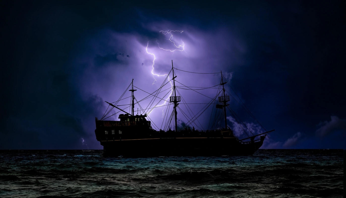 корабль, баркас, судно, транспорт, лодка, молния, небо, ночь, гроза, буря, темные, фэнтази, вода, море, океан, синие, фиолетовые, черные