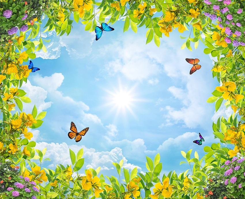 потолок, детские, бабочки, цветы, зеленый, голубой, зеленые, голубые, небо, солнце, желтый, сиреневый, облака