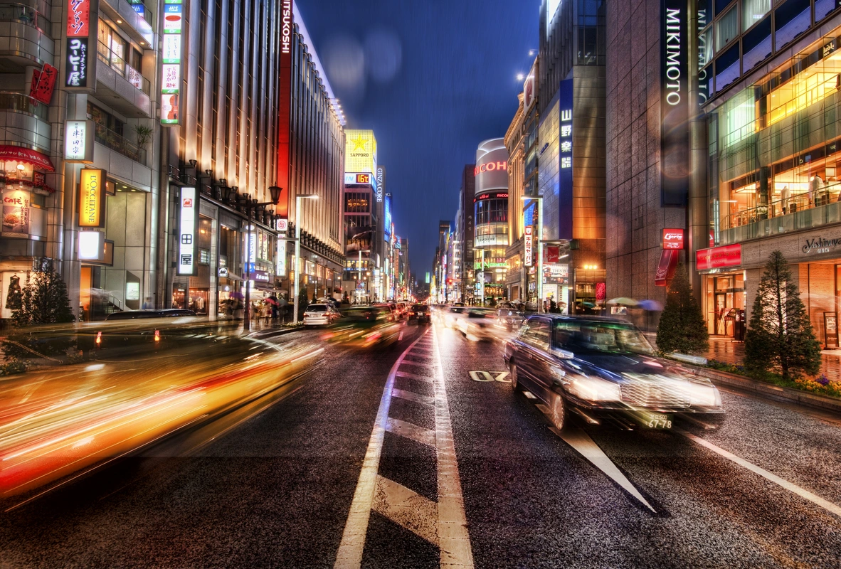 Саппоро, Япония, улица, длительная выдержка, машины, синие, красные, желтые