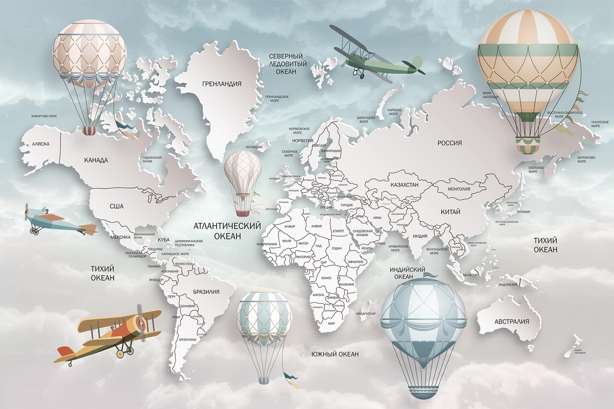 карта, материки, воздушные шары, самолёты, океаны, голубые, розовые