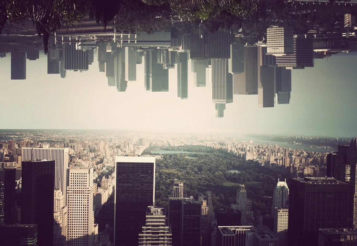 отражение, Нью-Йорк, город, архитектура, синие, зеленые, серые