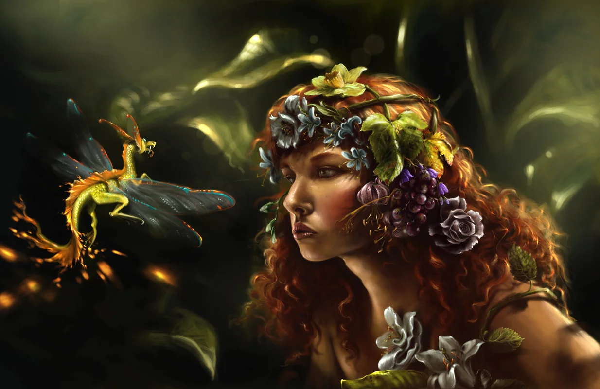 девушка, дракон, фентези, рисунок, фан-арт, цветы, зелёные