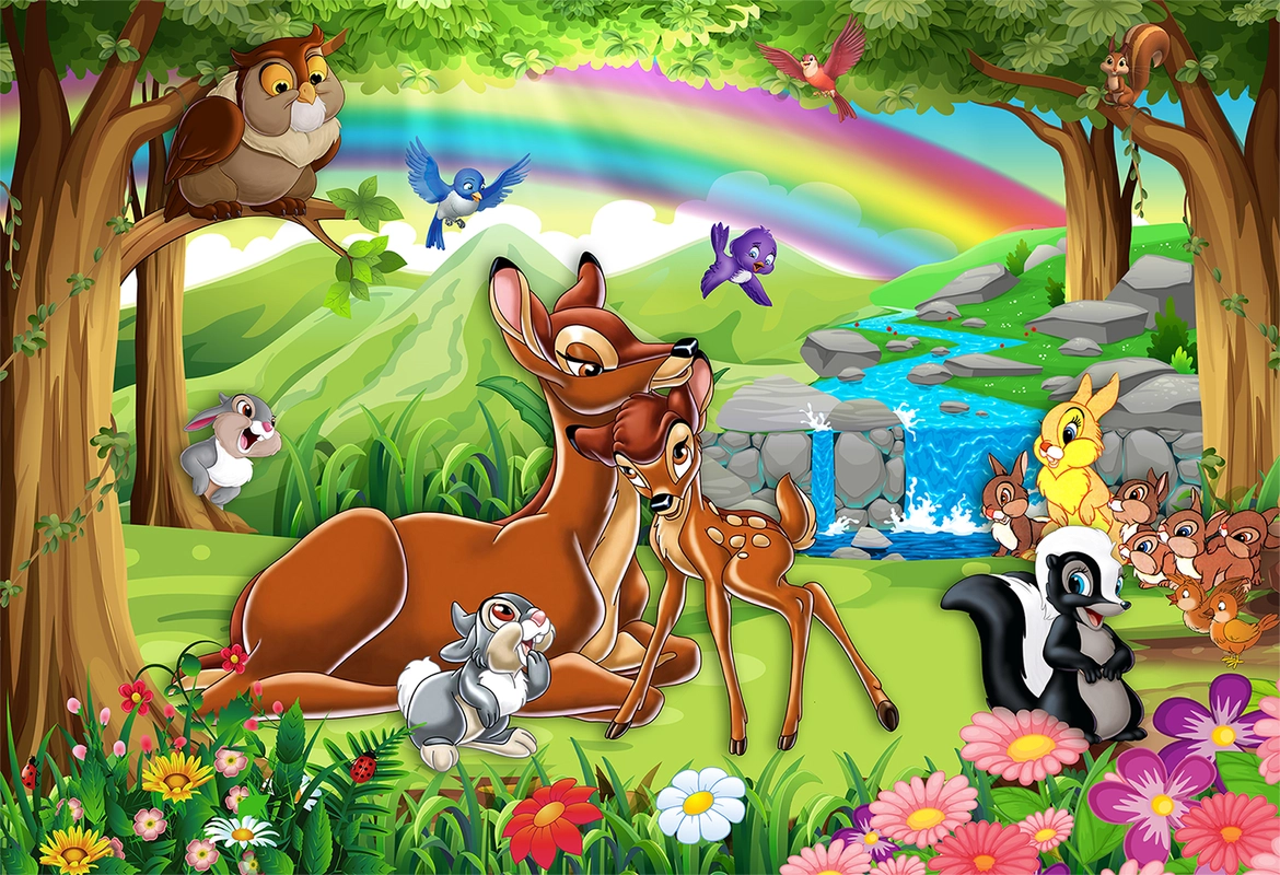 детские, сказка, животные, радуга, речка, поляна, сова, бурундук, заяц, птицы, салатовый, голубой, коричневый