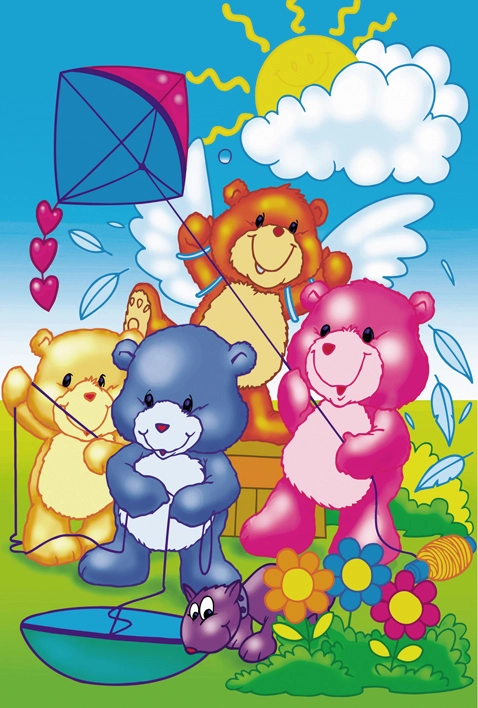 детские, мультфильм, медведи, мишки, собака, воздушный змей, небо, облака, солнце, синий, розовый, желтый, коричневый, цветы, полянка, крылья