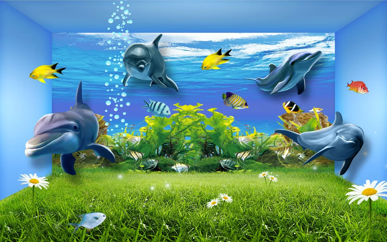детские, мультяшки, подводный мир, море, рыбы, синий, голубой, дельфин, дельфины, трава, поляна