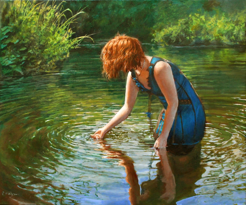 девушка, река, камыш, отражение, картина зеленые, оранжевые, синие, живопись