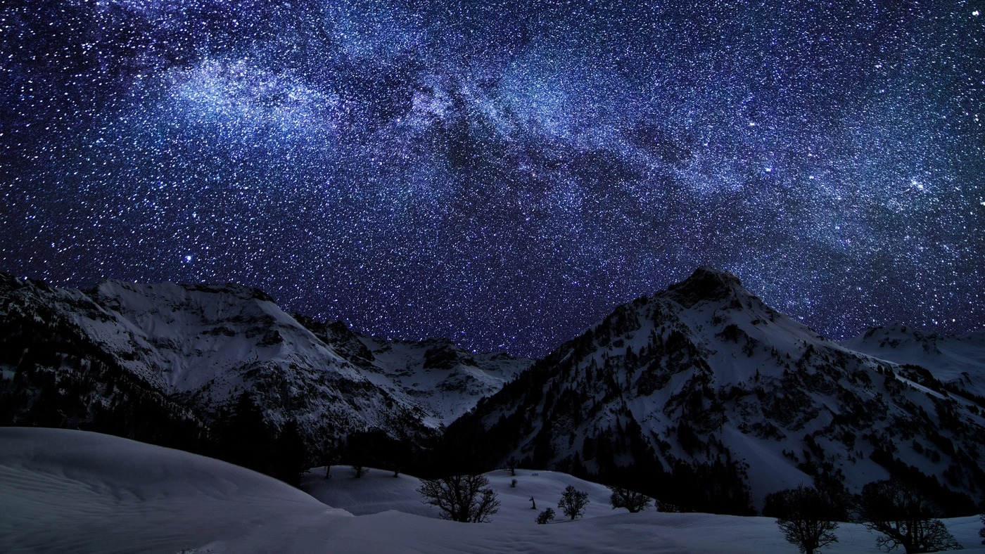 ночь, горы, снег, звезды, природа, фиолетовые, серые