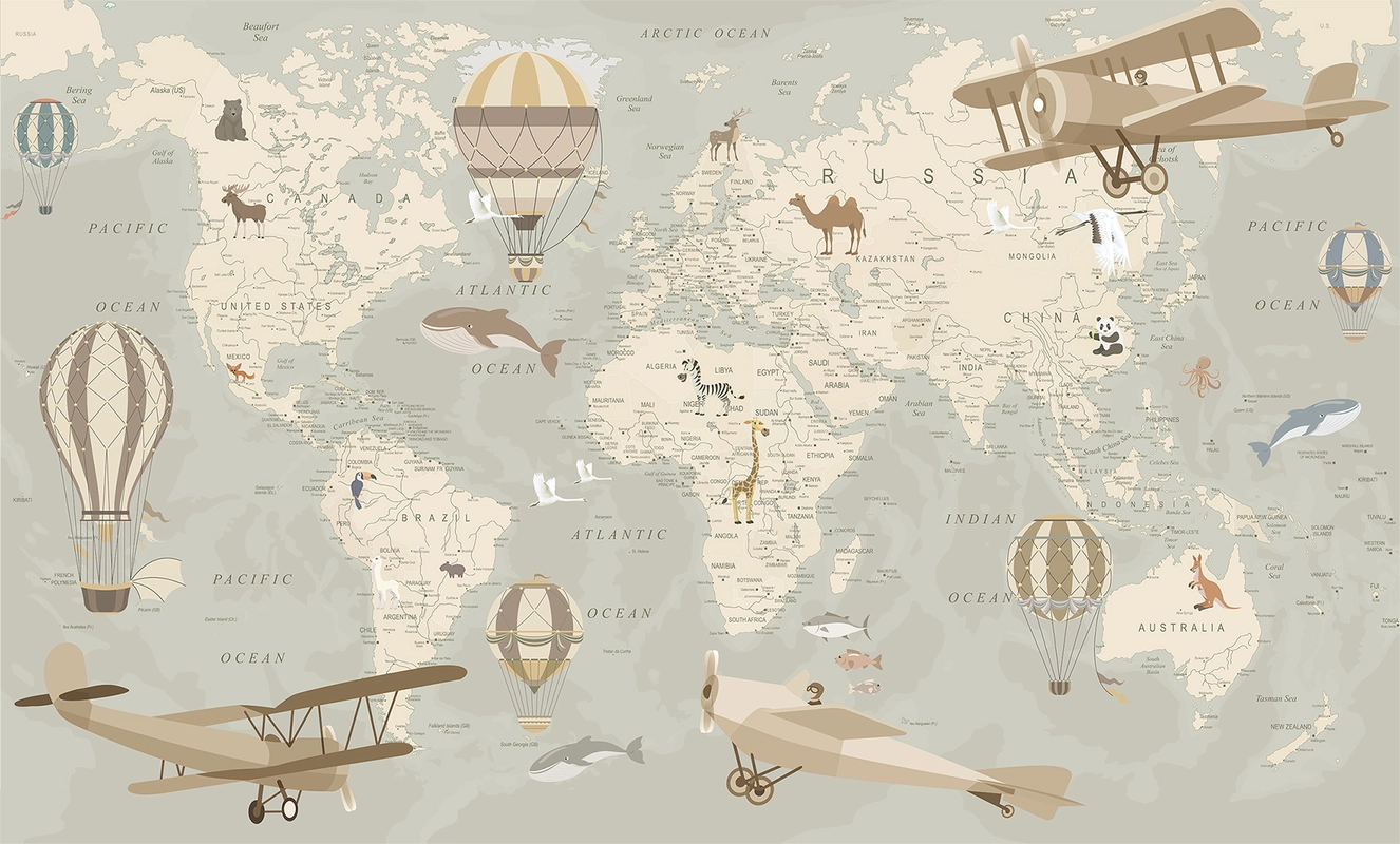 карта мира, воздушные шары, самолёты, материки, океаны, бежевые, коричневые