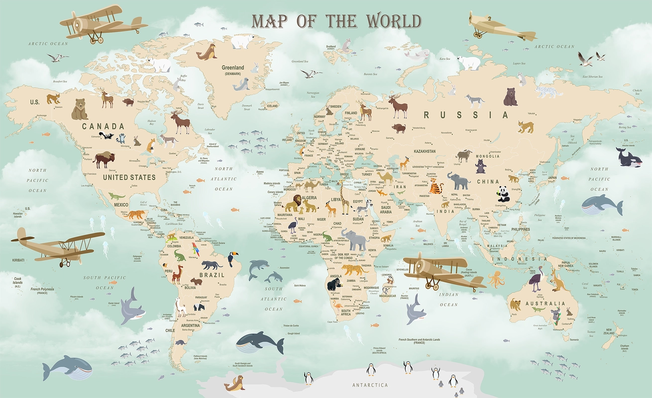 карта мира, звери, материки, океаны, рыбы, самолёты, голубые, бежевые