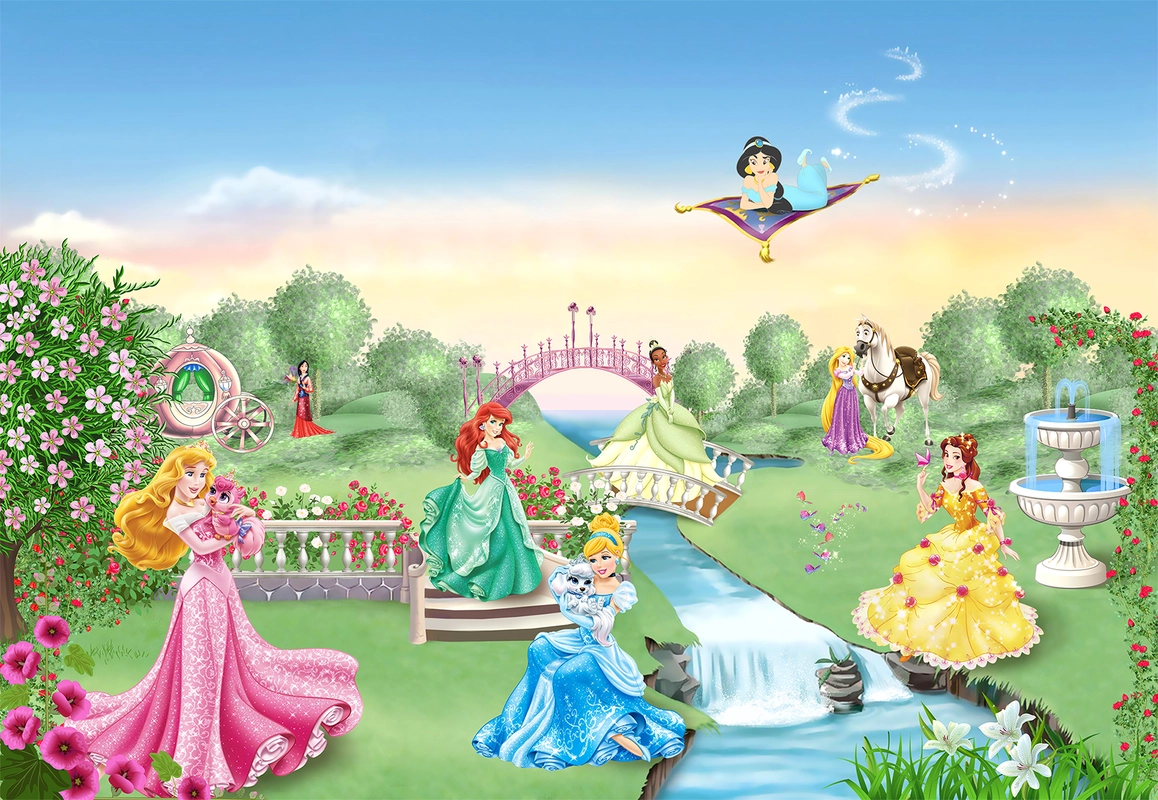 сказка, сказки, детские, белоснежка, принцесса, принцессы, цветы, деревья, голубой, розовый, бирюзовый, желтый, фонтан, ковер-самолет