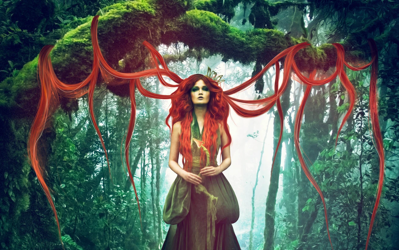 девушка, лес, растения, длинные волосы, магия, волшебство, зелёные, оранжевые
