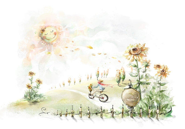 детские, пастельный, зеленый, белый, солнце, подсолнухи, подсолнух, велосипед, мальчик, забор