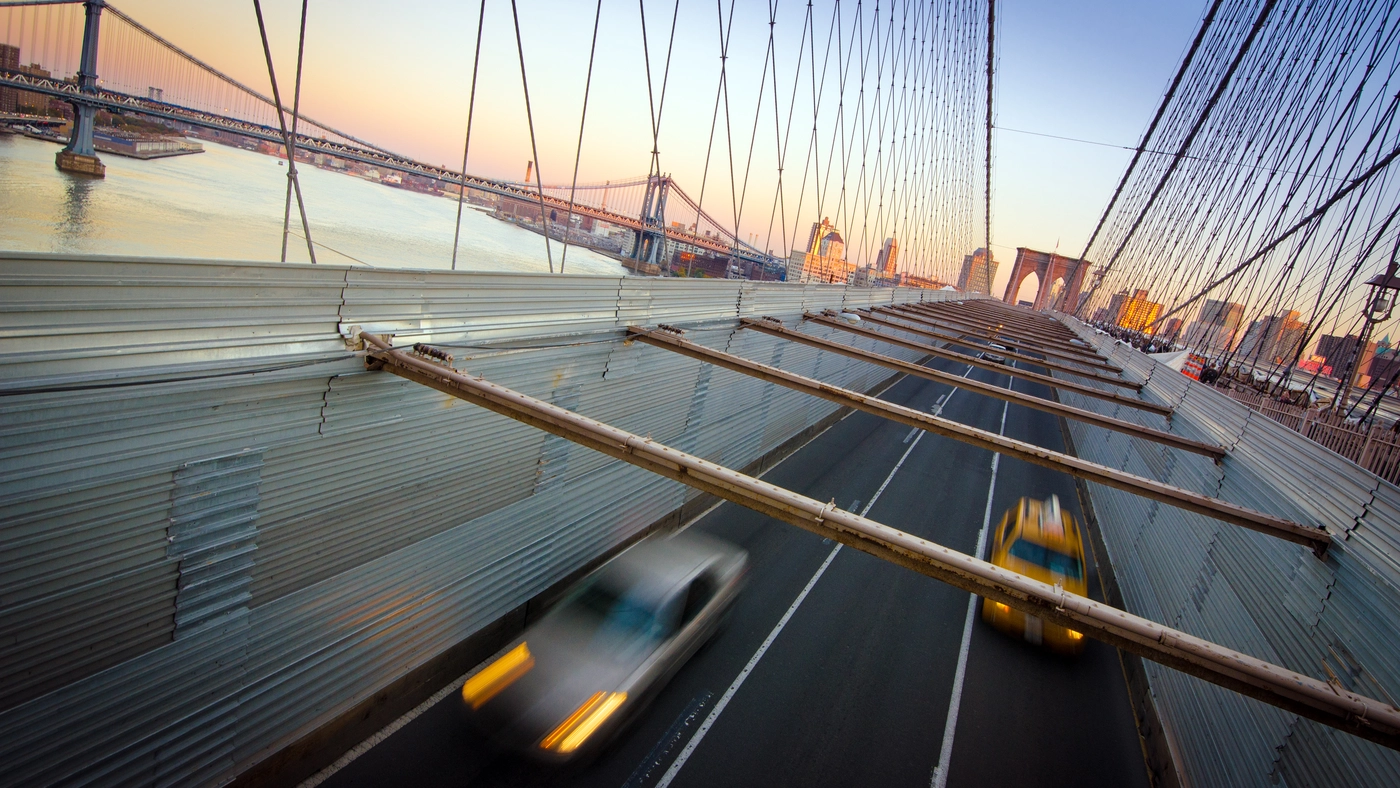 мост, нью-йорк, фотография, размытие, машины, серые, синие