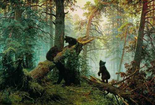 медведи, лес, сосны, деревья, картина, живопись, черные, коричневые, зеленые