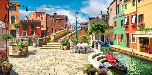 венеция, канал, гондола, столик, мост, бежевые, голубые, зеленые, HD