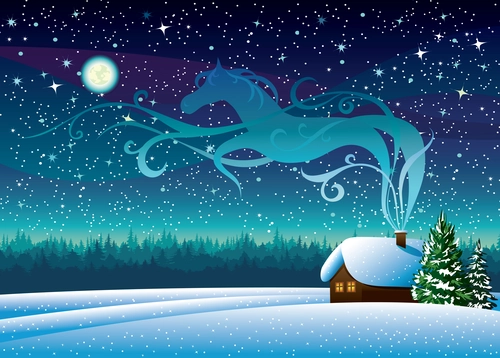 ночь, зима, вектор, иллюстрация, дом, звезды, синие, зеленые, белые