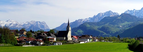 Австрия, горы, церковь, дома, Тироль, панорама, зелёные, голубые