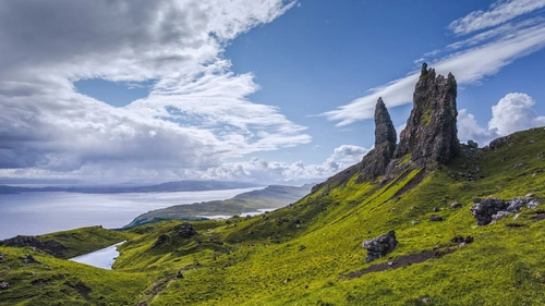 Шотландия, горы, побережье, остров, небо, облака, скалы