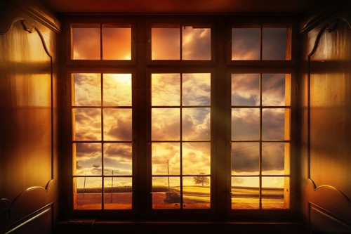 интерьер, окно, закат, природа, небо, поля, коричневые, жёлтые