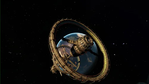 орбитальная станция, 3д, графика, космос, фантастика, земля, синие, черные, коричневые