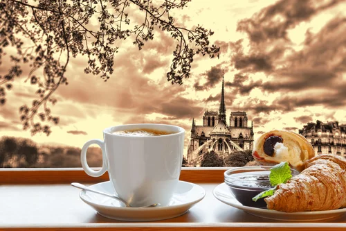 кофе, круассан, Франция, Париж, чашка, завтрак, еда, город, бежевые, коричневые