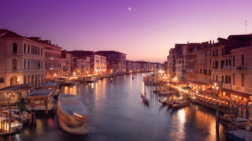 венеция, канал, лодка, город, вечер, розовые, желтые