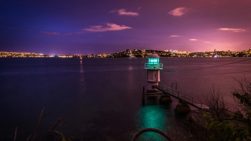 океан, город, маяк, закат, вечер, фиолетовые
