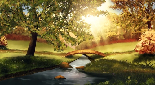 природа, мостик, речка, солнце, деревья, осень, лес, трава, зеленый, зеленые, желтый, желтые, оранжевый, оранжевые, голубой, голубые