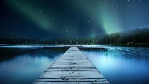 небо, звезды, сияние, лес, озеро, мостик, чёрный, белый, зелёный, голубой, серый