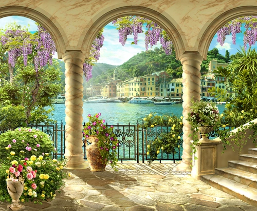 арки, колонны, цветы, сирень, лестница, море, горы, дома, бежевые, зелёные