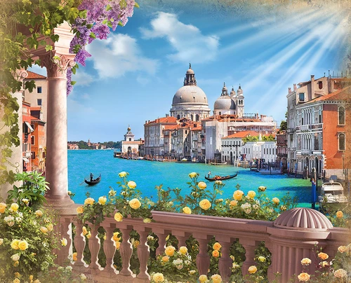 Италия, река, вода, лодка, лодки, храм, церковь, дом, дама, город, отражение, бежевые, голубые