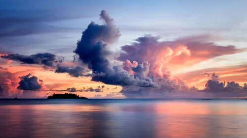 океан, море, облака, остров, синие, голубые, розовые, фиолетовые