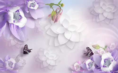 3d, 3д,  бабочка, цветок, цветы, сиреневый, фиолетовый, нарцисс, бутон