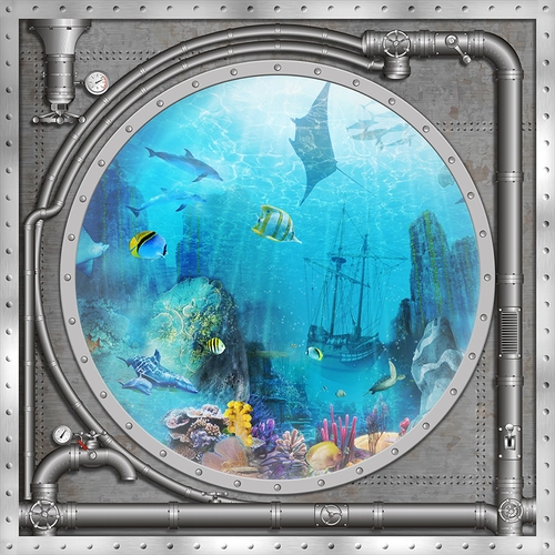 подводная лодка, подводный мир, дверь, окно, корабль, рыбы, рифы, кораллы, детские, потолок, потолочные, синие, серые, мальчикам